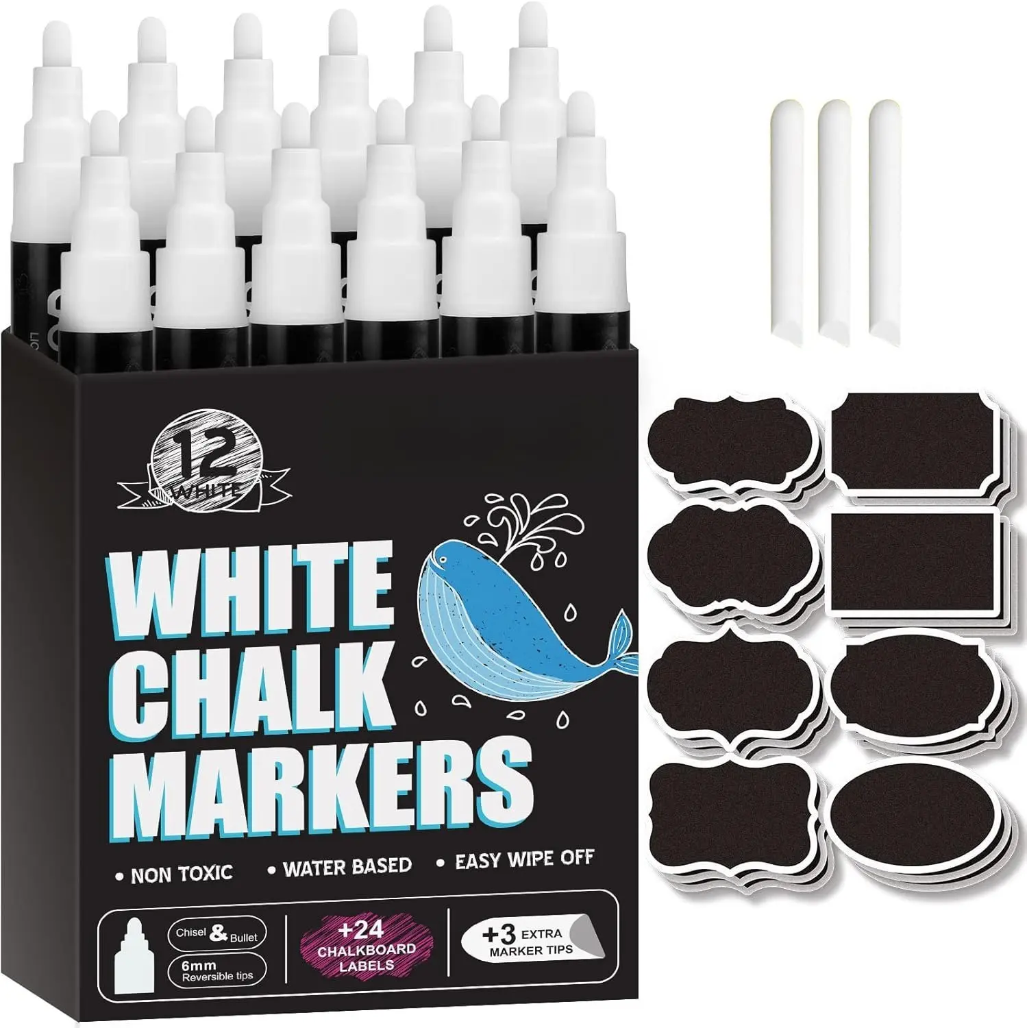 White Liquid Chalk Markers, 12-Pack 6mm Reversible Chisel Tip Erasable Chalk Pens for Windows, Blackboard (Adults, Children Use for Birthdays, Christmas) - Office Stationery Writing Tool