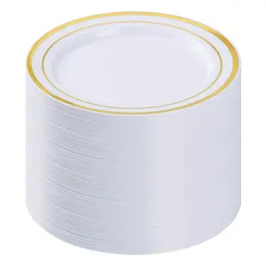 100PCS Gold Plastic Plates, Disposable Dinner Plate Party with Gold Rim for Christmas, Thanksgiving, Heavy Duty Disposable Plastic Plates for Party, Wedding and Birthday, Events