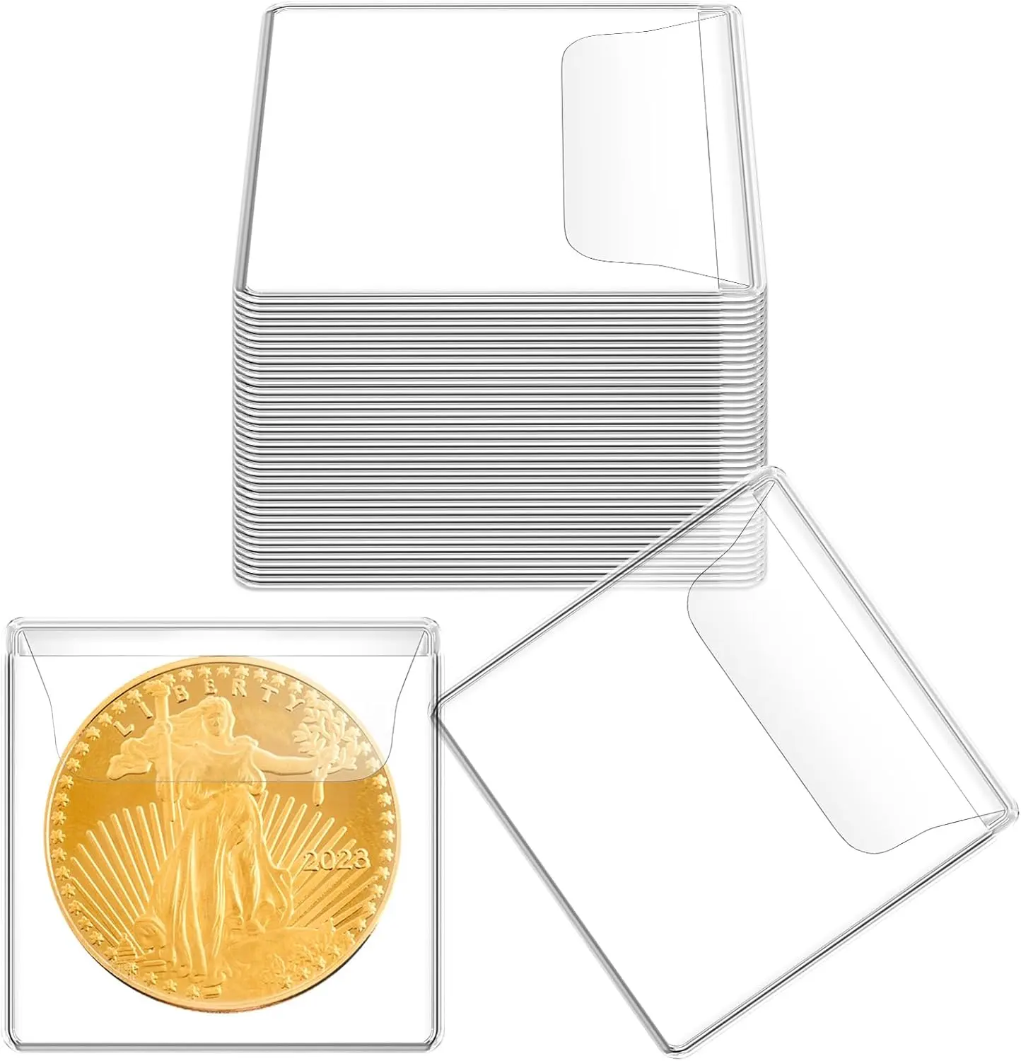 PVC Plastic Coin Sleeves - 50PCS 2.1x2.1 inches Home Supplies, Transparent Waterproof Dustproof Storage Bags with Flap Lid & Bisphenol A (BPA)-Free, Individual Organizer Pouches for Home Use