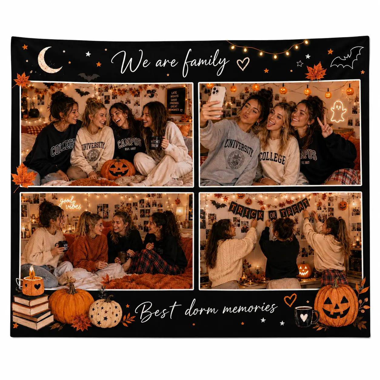 Custom Design for 5 Photos-3-Photo Glam School Dorm Tapestry, Personalized Fall Backdrop, Dormitory Room Wall Decor for Friends’ Birthday