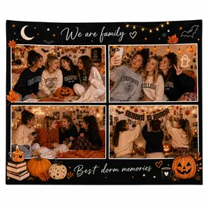Custom Photo Halloween Dorm Tapestry for Friends, Personalized Fall Collage Backdrop, Dormitory Room Wall Decor