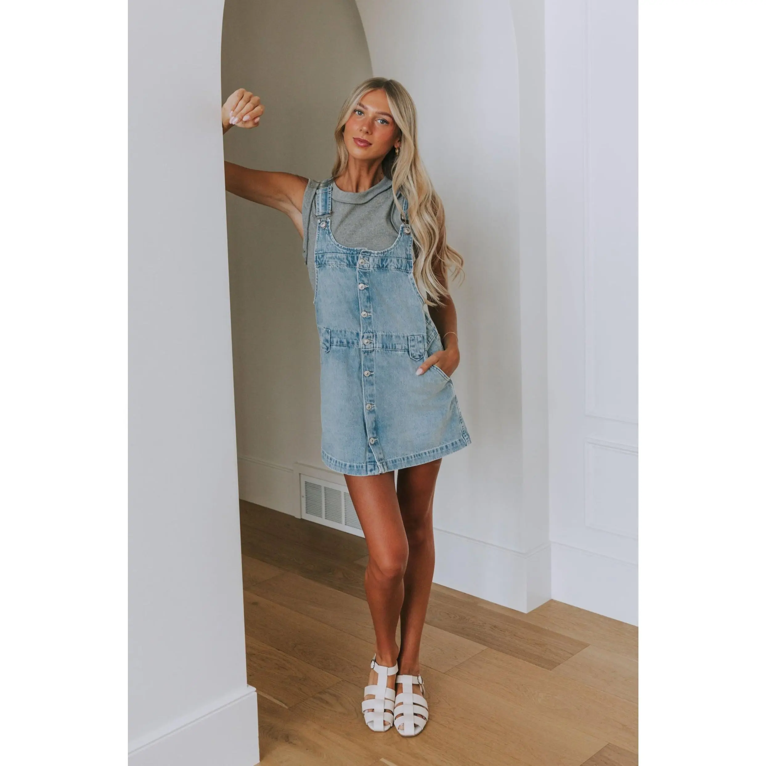 Women's FREE PEOPLE Edie Denim Skirtall Overalls - Adjustable Straps, Slip-On Design, Functional Pockets, Button Accent, Casual Style, Dry Clean Recommended, Low Iron, Cotton, Sleeveless, Scoop Neck, Piece, Above The Knee