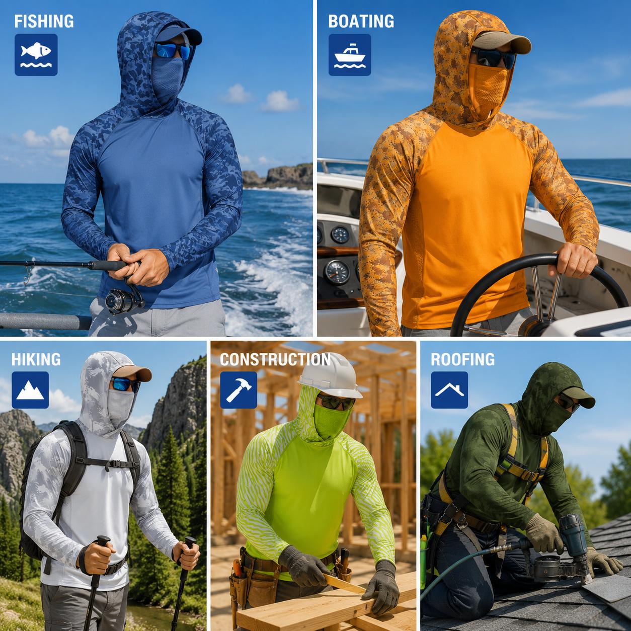 【FathersDayGift】RODEEL 915 Sun Hoodie Shirts w/ Mask Neck Gaiter Men UPF 50+ UV Protection Long Sleeve Lightweight Quick Dry Moisture Wicking Breathable Athletic Activewear for Outdoor Fishing Boating Hiking Construction Roofing Landscaping, SummerVibes