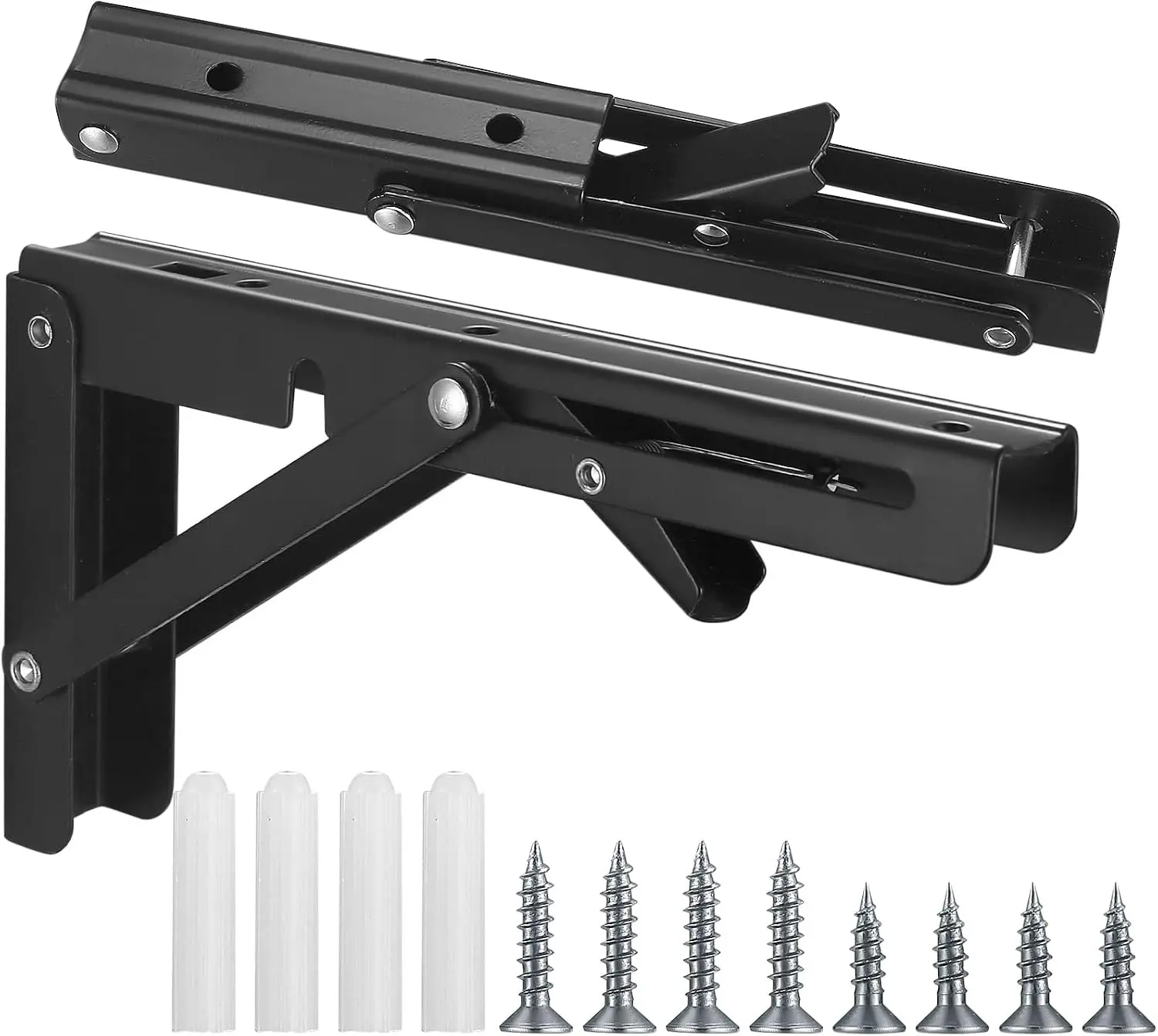 2 Pcs 10 Inch Heavy Duty Folding Shelf Brackets, Floating Triangle Collapsible Wall Mounted L Table Hinges Brackets for Bench with Screws