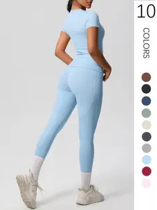 Women's Solid Color Tracksuit Set, Sporty Comfy Breathable Short Sleeve Top & High Waist Leggings Set for Yoga Gym Workout Running, Ladies Sportswear for All Seasons, Fit Athletic, Activewear, Stretchable Activewear