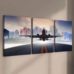 3 Counts Wooden Framed Canvas, Airplane Taking Off City Skyline Images, Exquisite Poster, Perfect Living Room Decoration, Modern Art, Modern Abstract Design, Fashion Family Poster, Wall Art Decoration, Waterproof Art, Canvas Prints, Modern Home Decor