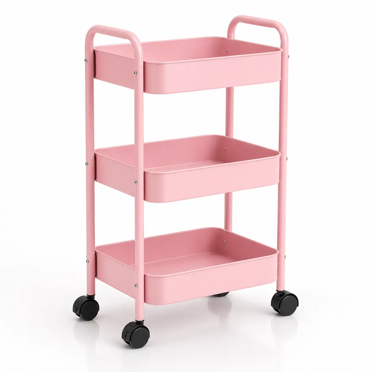 3 Tier Pink Rolling Utility Cart with Wheels and Handles, Metal Mobile Storage Organizer for Kitchen, Bathroom, Laundry Room, Office, Bedroom, Nursery, Craft Supplies and Home Organization