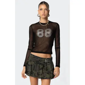 Edikted Women's 88 Rhinestone Sheer Mesh Top