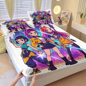 K-Pop Anime Girl Group Fitted Sheet Set & 2 Coreless Pillowcases, Battle Pose with Purple-Blue Flames & Demon Silhouette Background, Soft Breathable Non-Slip Mattress Protector, Bedroom Dorm Gift for Fans