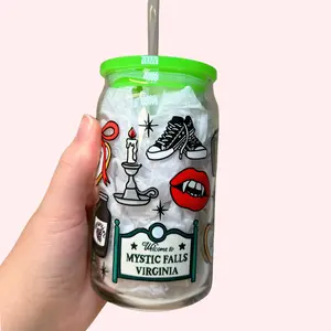 Vampire Diaries Inspired 16oz Glass Tumbler with Glass Straw Classic Style & Iconic Perfect Gift for Fans Salvatore Mystic FallsDrinkware Stylish Cup