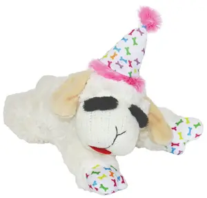 Soft Plush Lamb Chop Dog Toy - Birthday Theme, Party Hat, Squeaker, Pink, 10.5"