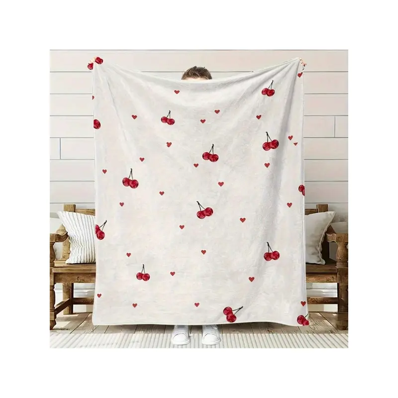 Pink Hearts & Cherry Sherpa Fleece Blanket: Cozy Plush Throw  Deco Cherry Heart Print Plush Throw Blanket display picture 1