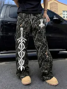 Men's Casual Camo Long Pants, Skull & Sword Print, Loose Fit Drawstring Wide Leg, All Season Fashion, Men's Clothing, Casual Streetwear Trousers