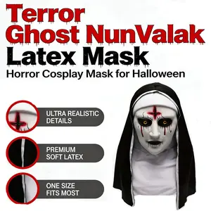 Terror nun latex mask with hood, 1:1 movie grade precise bloody cross, realistic presentation of blood and tear effects, suitable for horror movie enthusiasts, collectors, adults and teenagers Halloween role-playing theme party costumes and accessories