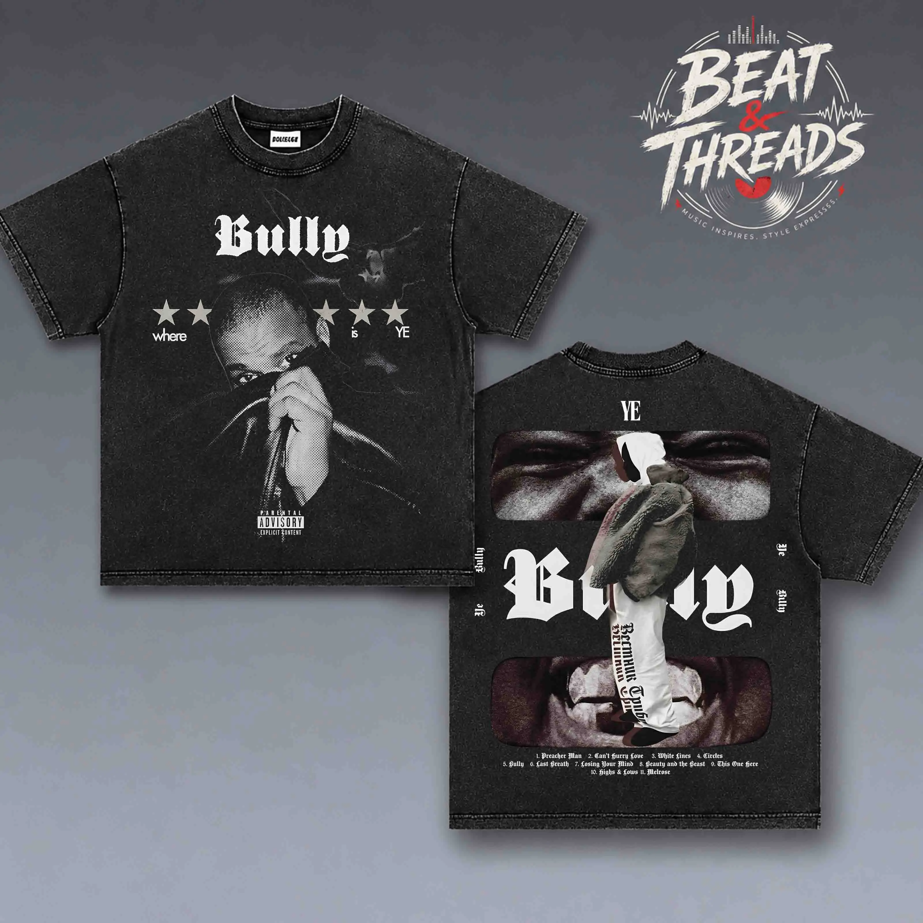[ Beat & Threads ] YE Bully Album Inspired Tracklist Graphic Premium Acid Washed Cotton T-Shirt, Vintage Hip-Hop Streetwear Tee, Washed Black Oversized Heavyweight Shirt for Rap Music Fans, Concert Outfit, Unisex Graphic Tee, Soft Breathable 2026