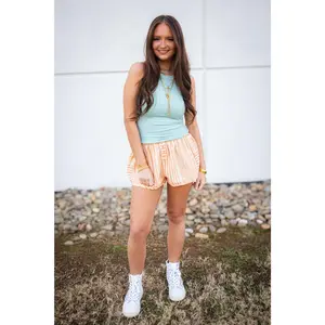 Free People Home By 8 Boxer CORAL COMBO Summer Fitted Shorts with Coral and White Stripe Above The Knee Classic Simple Style