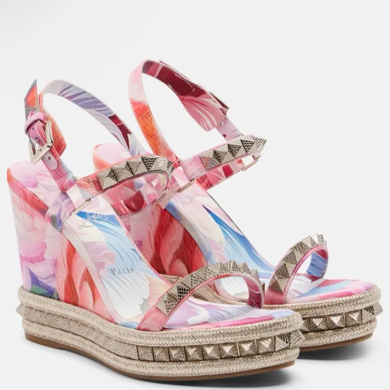 Christian Louboutin Pyra Clou studded floral chiné espadrille wedges size 40