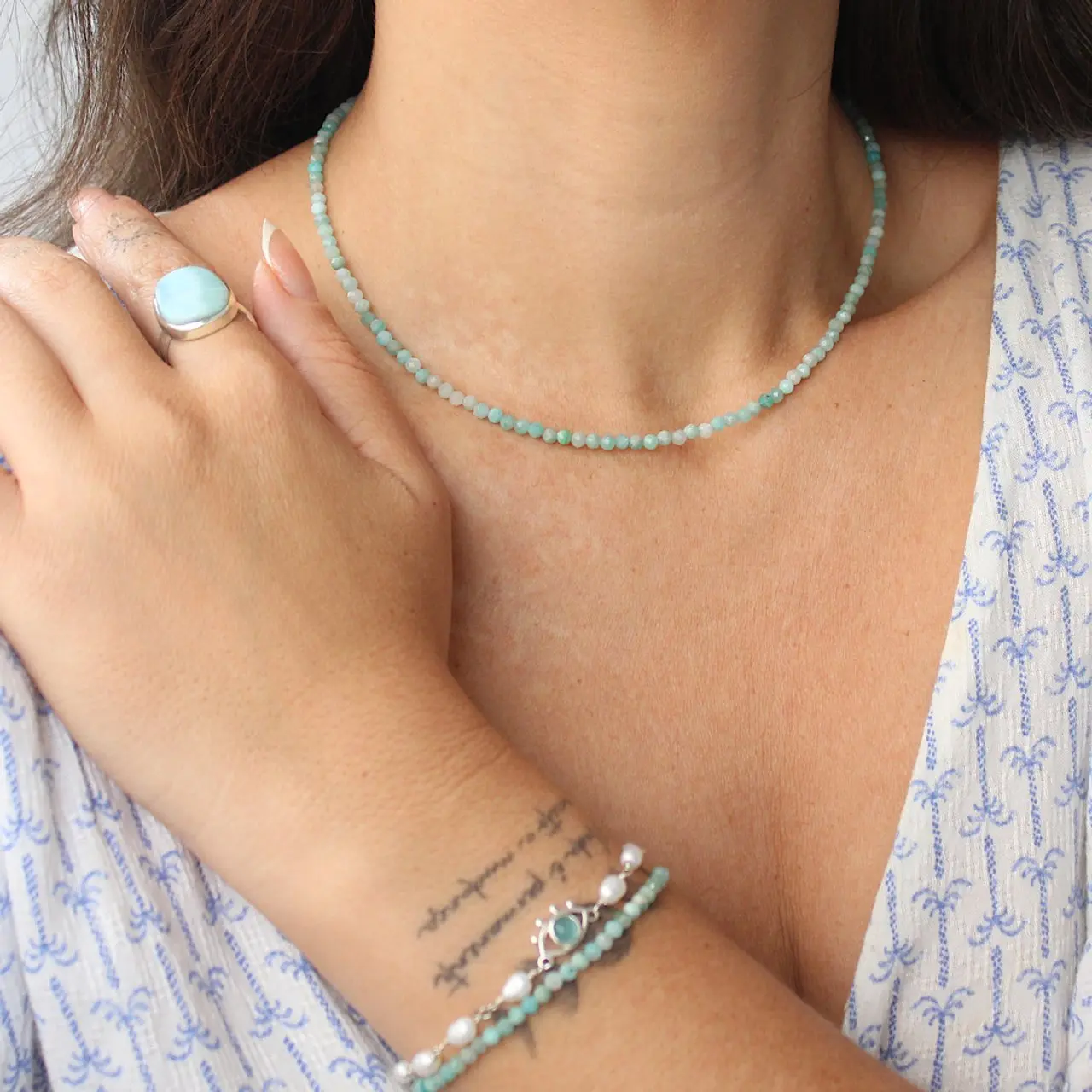 Natural Dainty Solid Amazonite 2mm Tiny Beads Choker Minimalist Crystal Healing Natural Stone Necklace Gift For Her