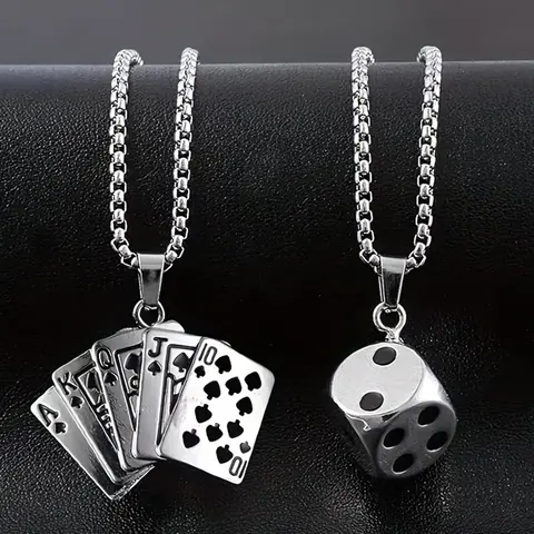 Men's Poker Pendant Set, Diamond Flush Necklace & Dice Charm, Hip Hop Couple Jewelry, Fashion Cool Accessories, Sweater Chain, Costume Necklaces