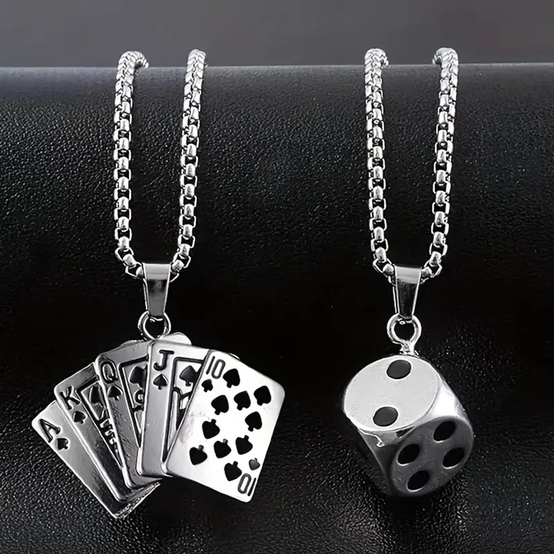 Men's Poker Pendant Set, Diamond Flush Necklace & Dice Charm, Hip Hop Couple Jewelry, Fashion Cool Accessories, Sweater Chain, Costume Necklaces