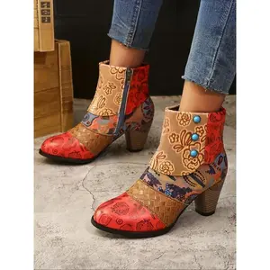 Boho Style Leather Shoes with Floral Patchwork Design, Buckle & Side Zipper Detailing, Thick Heel for Stability & Comfort Patchwork Design Boots
