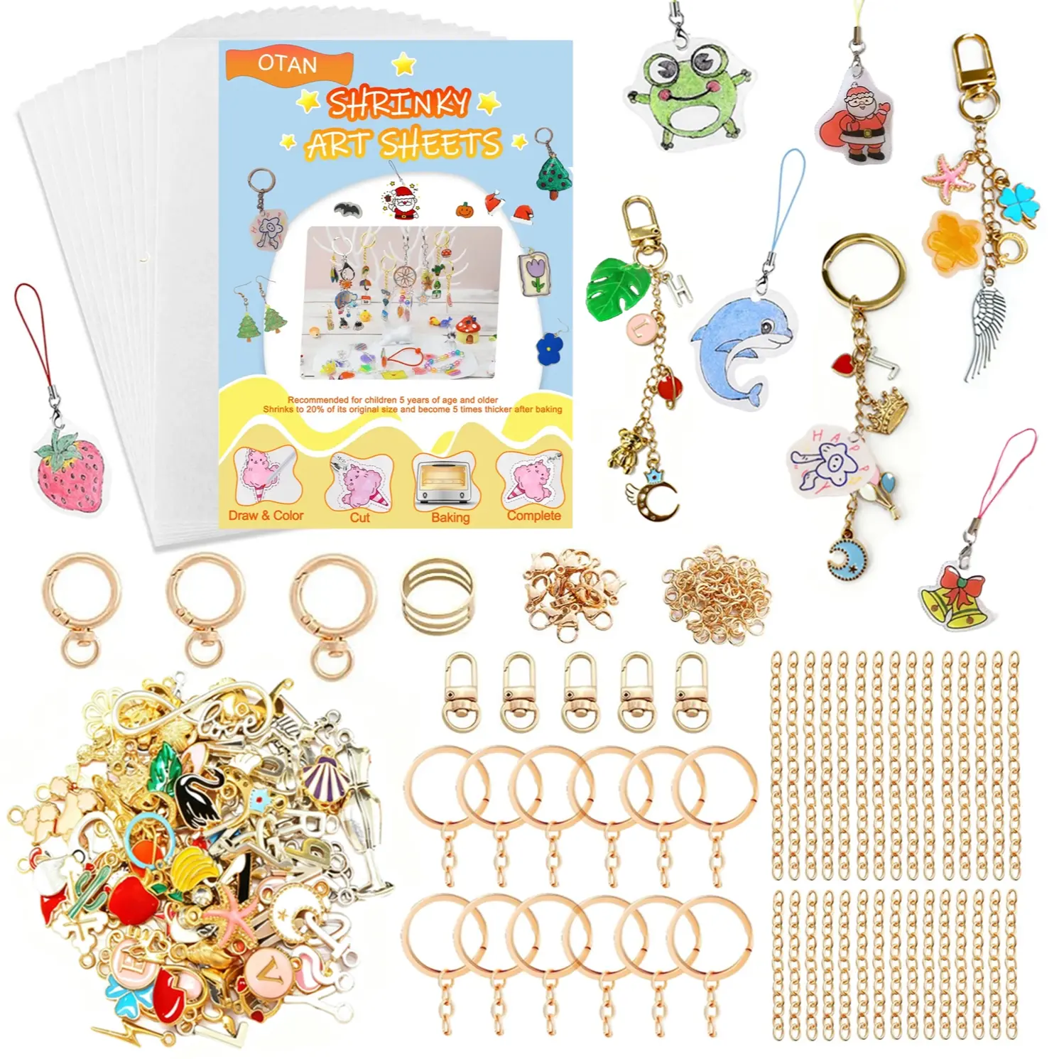 24 Sheets Heat Shrink Paper & 281pcs Keychain Making Kit, DIY Craft and Jewelry Supplies, Includes Pendant Kit and Tools, Perfect Gifts