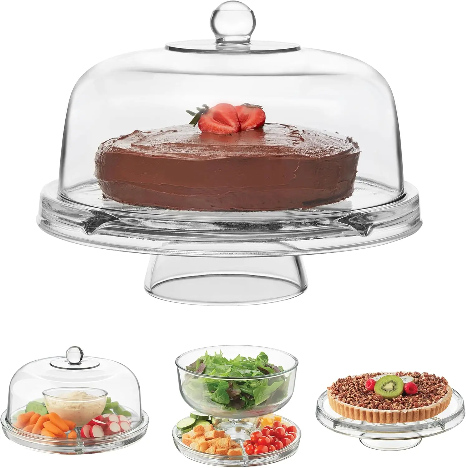 Libbey Selene 6-In-1 Multiuse Glass Server, Punch Bowl, Chip and Dip Bowl, Cake Stand , Clear Libbey