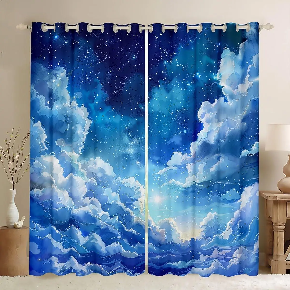 Blue Night Sky Curtains Clouds Stars Moon Printed Window Curtains for Bedroom Living Room Kids Boys Girls Galaxy Shining Window Treatments Soft Blackout Curtains,,2 Panels