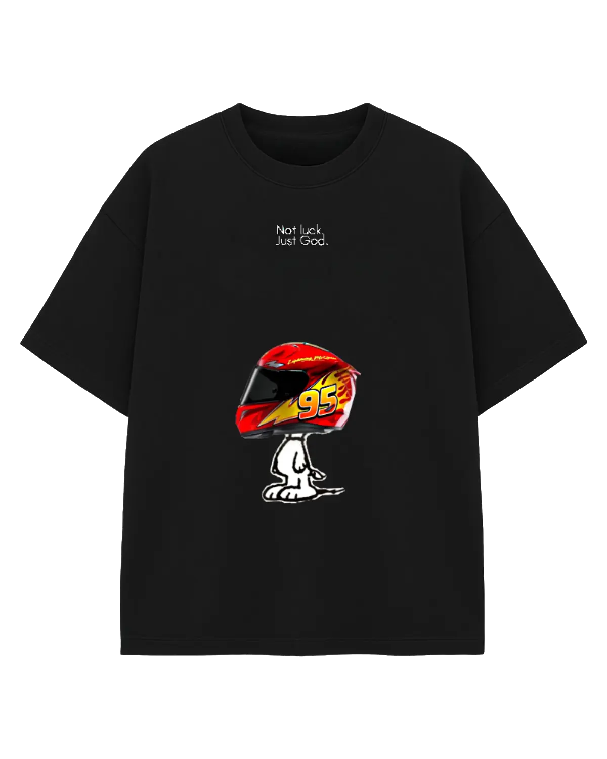 Cute Dog x McQueen Helmet "Not Luck, Just God" Oversized Tee, Vintage Graphic Tee, Cars Cartoon T-shirt, Aesthetic Graphic Black Cotton T-Shirt