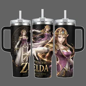 Princess Zelda Gaming Fantasy Tumbler Cup, Light in the Darkness Full Wrap Stainless Steel Insulated Tumbler 20oz/40oz with Straw Lid, 40oz Handle Option