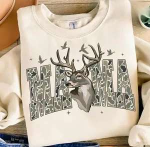 Women's Fitted Camo Mama Sweatshirt - Deer Hunting Camouflage, Western, Old School Designs, Cozy Distressed Hoodie Top, Lightweight Normal Type, All Seasons Casual Gift for Mom Hunters, Made in USA - KitchenEra