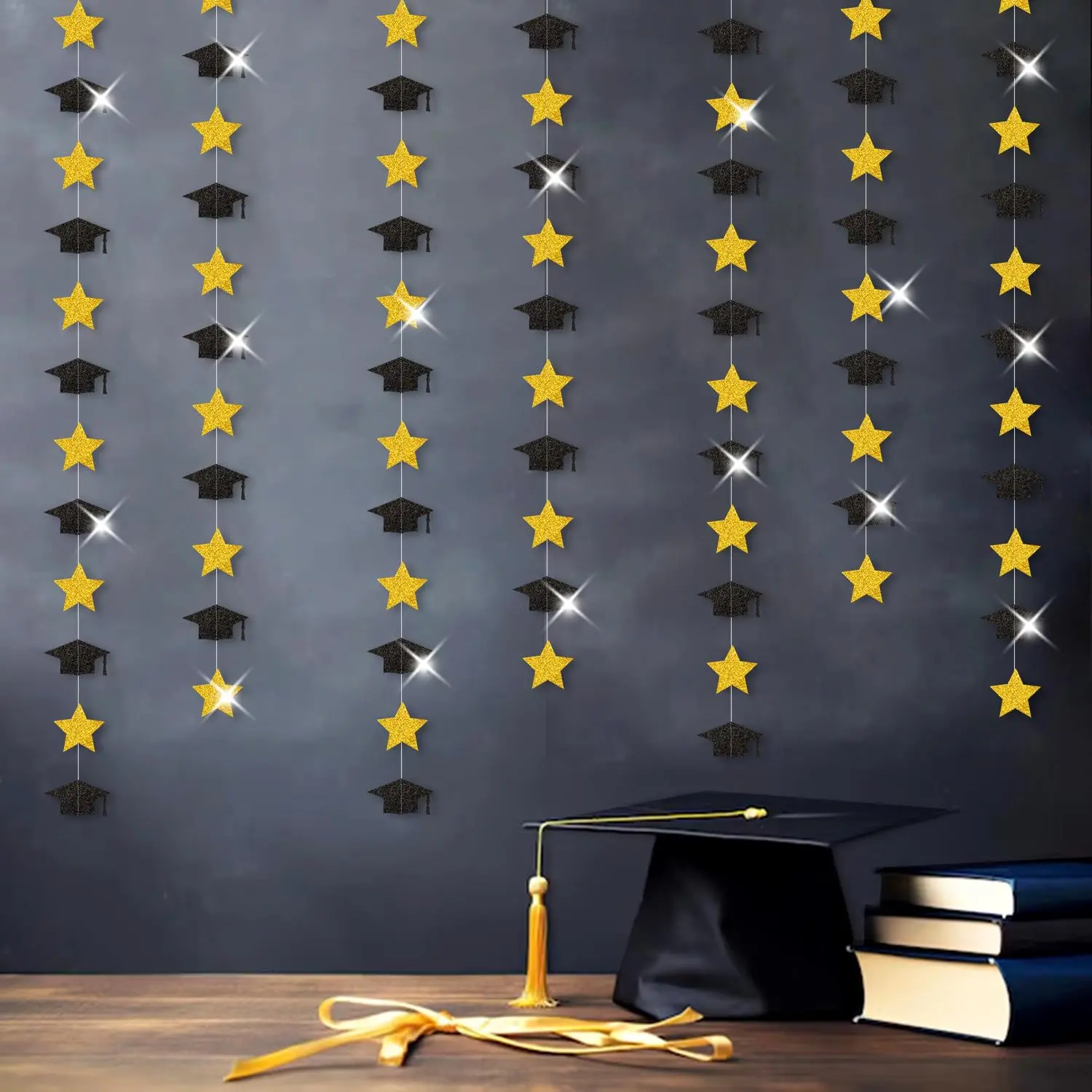 Black-gold Graduation-2025 Class Party-decorations Garland - Congrats Grad Hat Star Banner Streamers Senior High School Night College Congratulations Decor Supplies