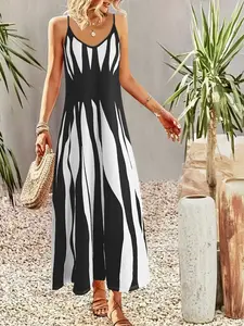 Loose Abstract Stripe Maxi Dress, Spaghetti Strap, V Neck, Casual Summer Outfits, Non-Fitted Silhouette