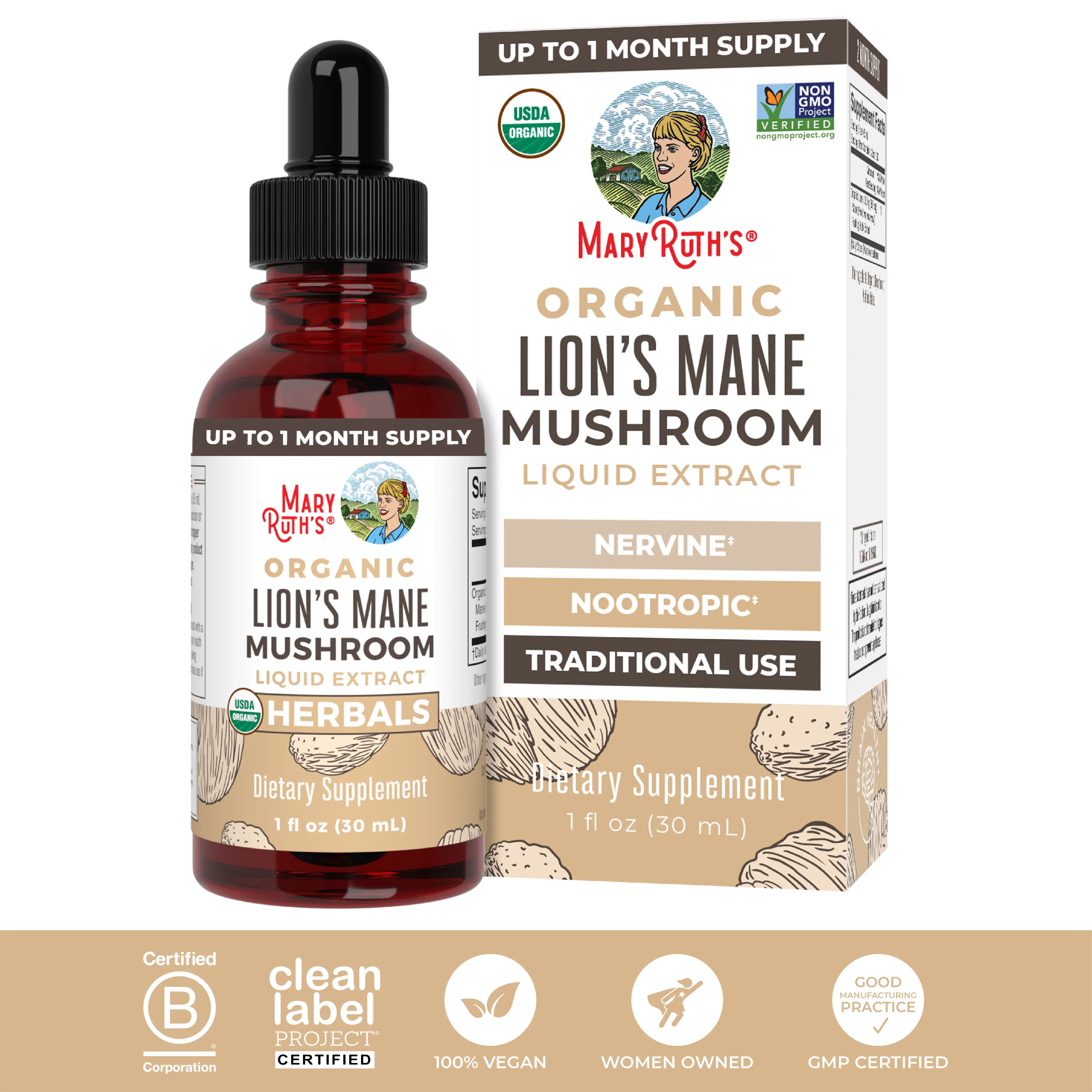 MaryRuth's Organic Lion's Mane Mushroom Liquid Drops - Up to 2 Month Supply - Nootropic - Brain Health - Non-GMO - Alcohol Free Tincture - 1 Fl Oz