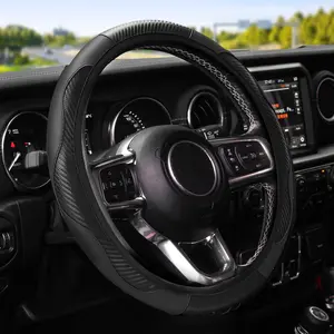 KAFEEK Carbon Fiber Elastic Leather Steering Wheel Cover - Anti Slip Universal 15 Inch ,Black Beige,Purple,Red