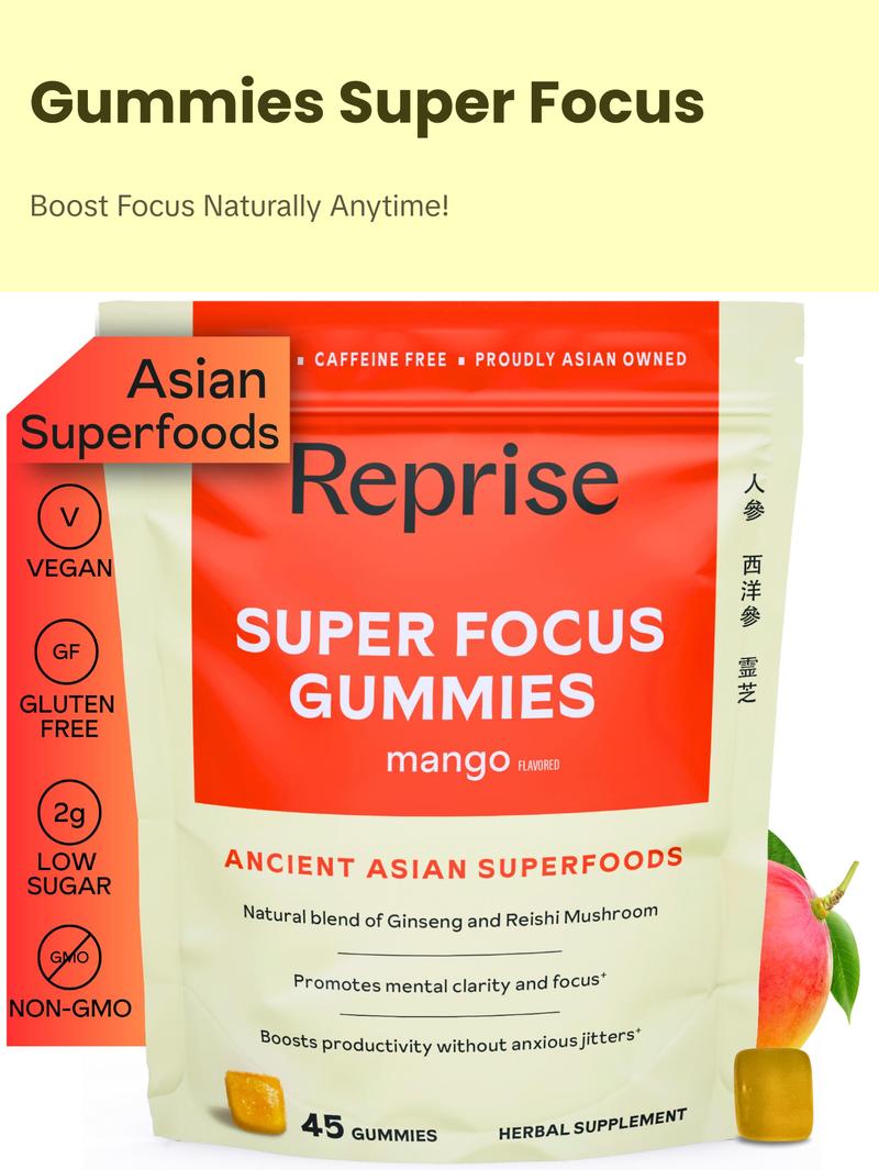Super Focus Gummies for Adults | American & Korean Ginseng with Reishi Mushroom extracts | All Natural Gummies for Focus, Mood, and Energy | Mango Flavored | 45 Count