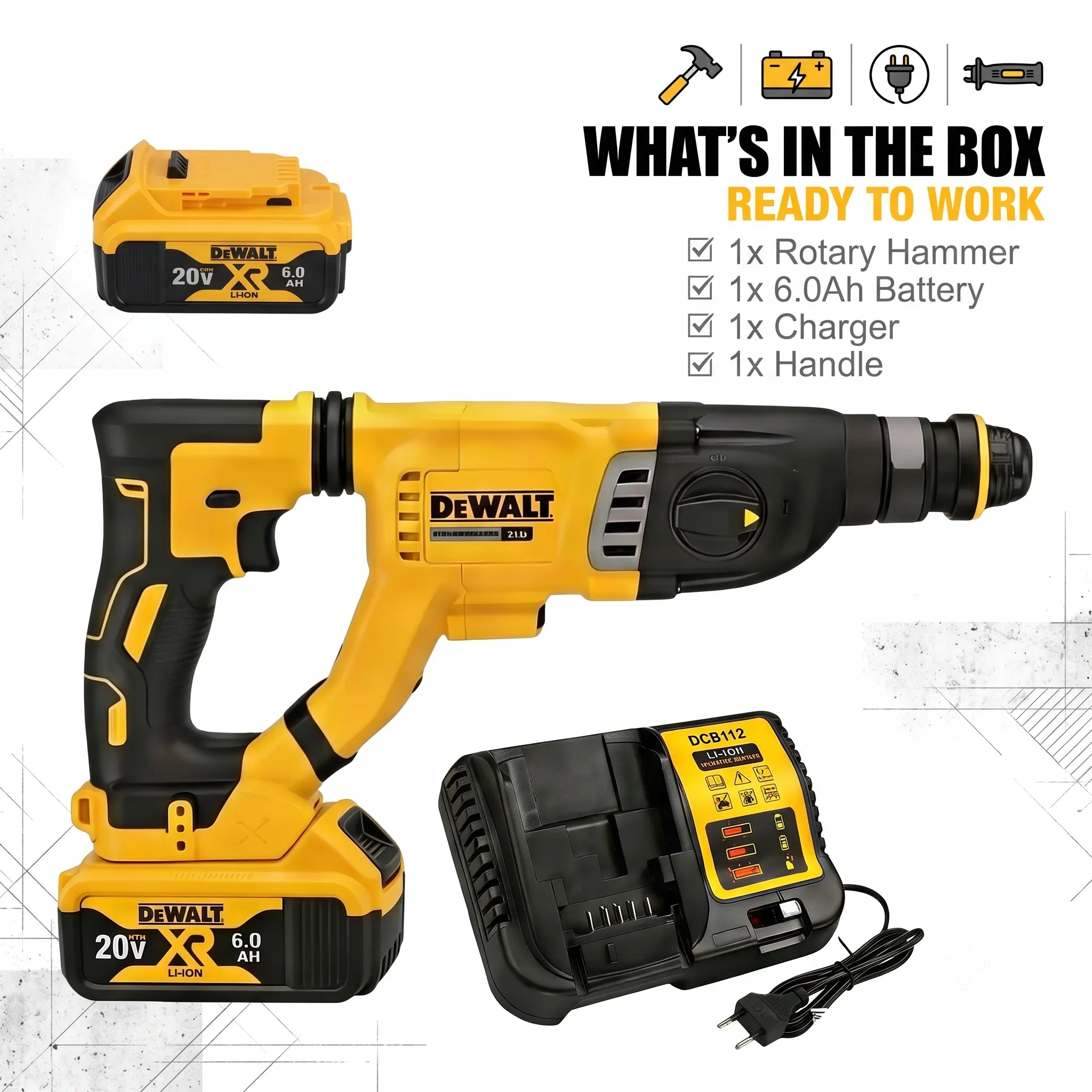 DEWALT DCH263R2 20V XR Brushless 1-1/8 In SDS Plus Rotary Hammer Kit (1x 6.0Ah Battery + Charger) with Reverse Mode for Beam Anchor, Rod Hanging