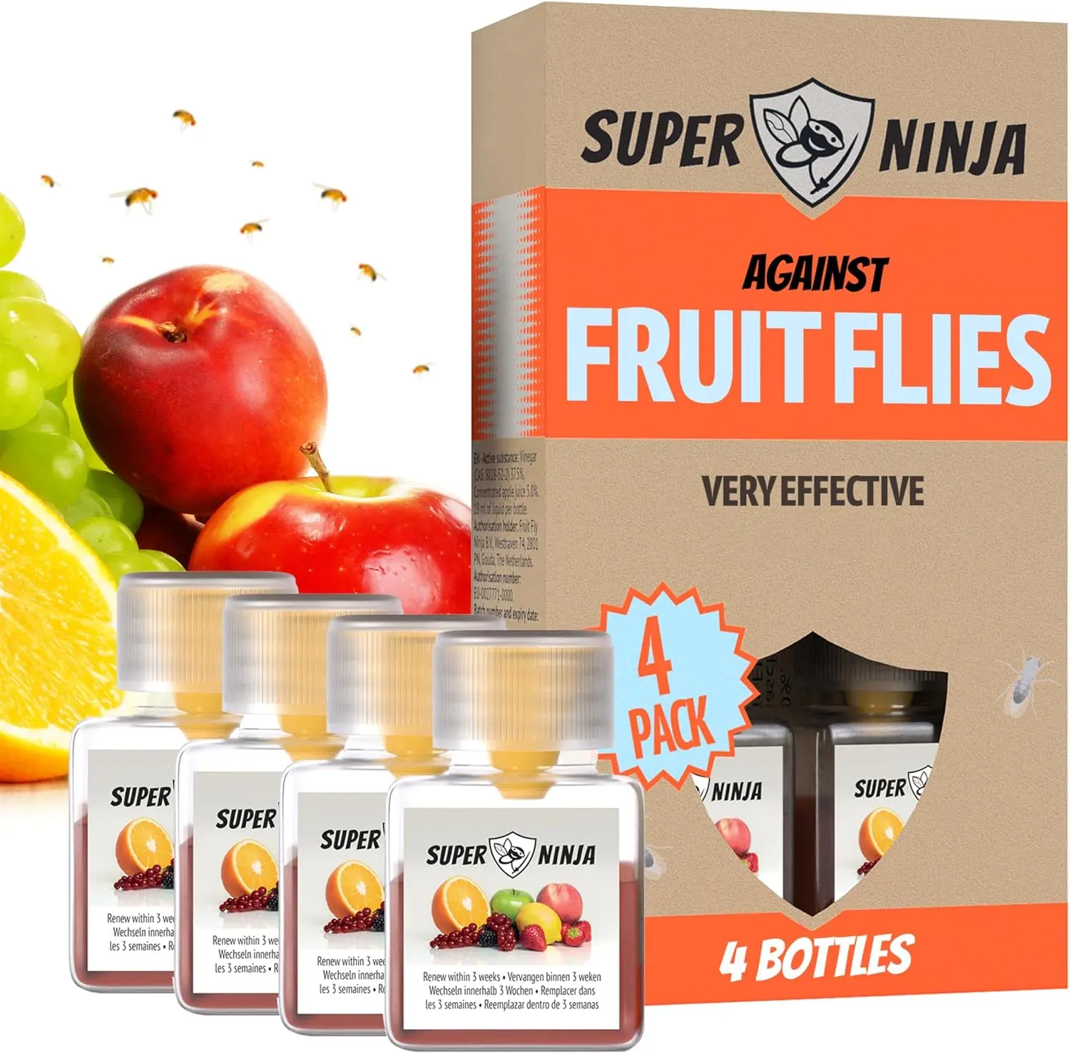 🔥 HOT SALE 51% OFF | Super Ninja Fruit Fly Traps - Very Effective Catcher for Kitchen Counters & Trash Bins - Natural Liquid Bait - Safe for Kids & Pets - 4 Bottles - 3 Weeks Protection - Eco-Friendly Design Household Pest Control