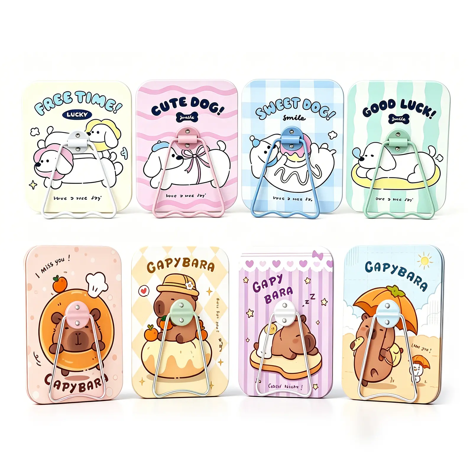 8Pcs Kawaii Animal Print Foldable Makeup Mirrors with Stand, Feminine Soft Pastel Portable Desktop Cosmetic Mirrors for Girlfriends, Holiday Capybara-Dog Pattern Bathroom Gadget for Dressing Tables