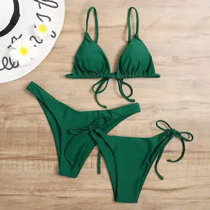 Sexy 3 Piece Bikini Set Women Solid Blue Purple Push Up Bandage Triangle Swimsuit Brazilian Beach Bathing Suit Swumwear Biquini