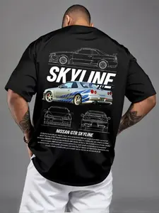 Men's Nissan Skyline GTR R34 Graphic Casual Streetwear Menswear Fitted T-Shirt Top - Oversized JDM Car Enthusiast Tee, Fast & Furious Inspired Shirt, Vintage Blueprint Design, Perfect Gift for Car Lovers, Drifting Fans & Tuners