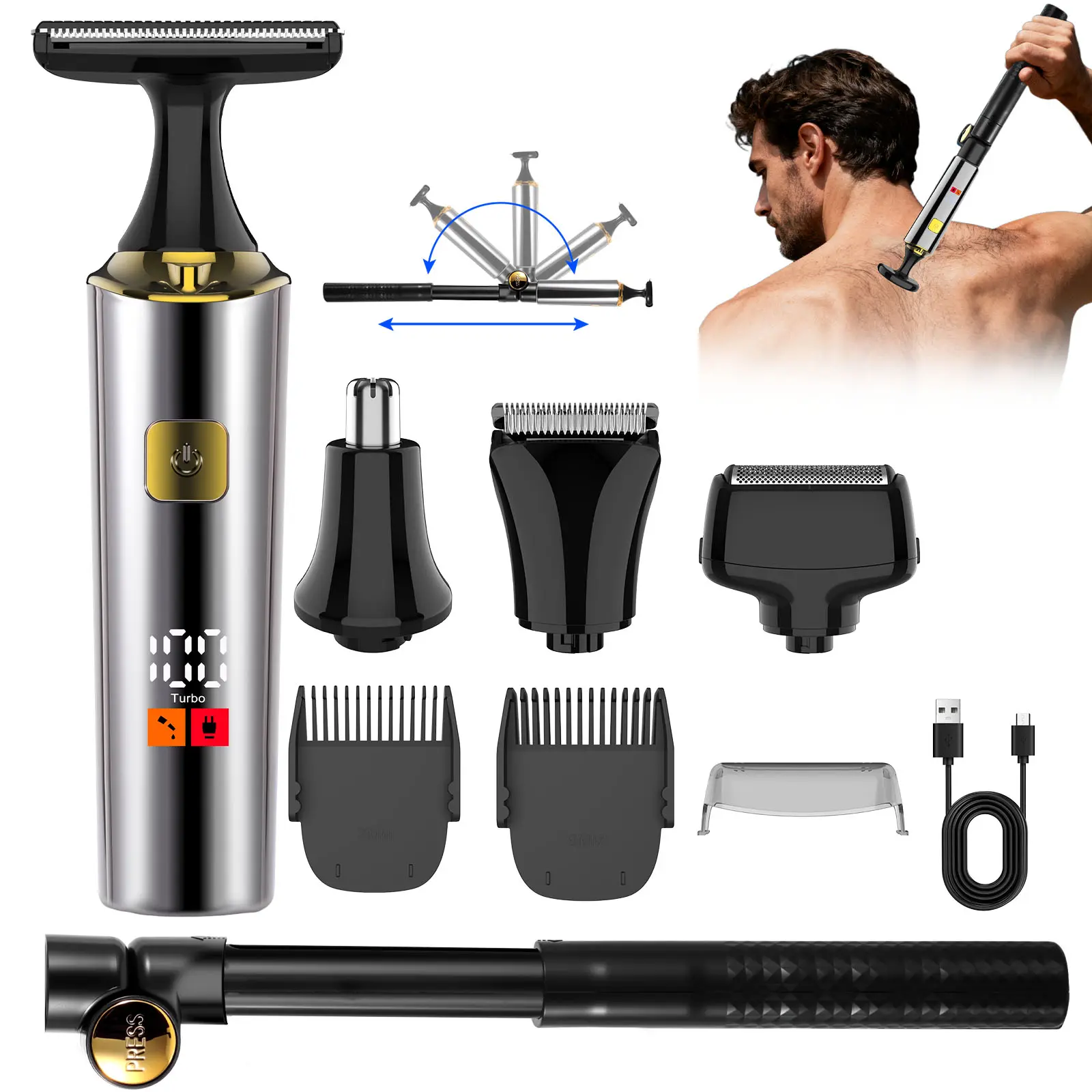 Hatteker 4-in-1 Adjustable Cordless Electric Men's Back Shaver & Body Trimmer Kit with Extendable Auxiliary Arm, Waterproof Groomer for Facial, Chin, Arm Hair, Cordless Hair Trimmer, Smooth