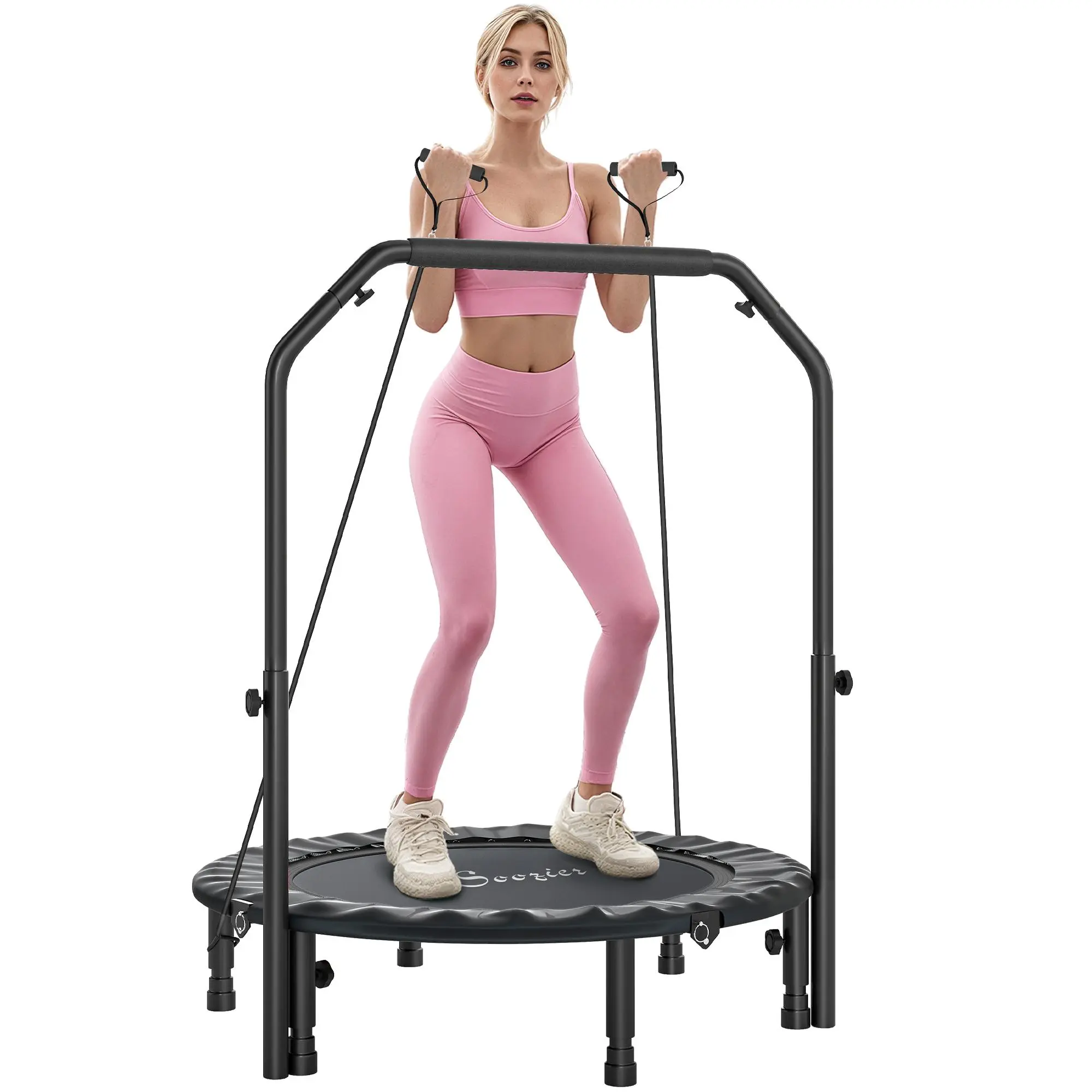 Soozier 40" Folding Exercise Trampoline for Adults, Steel Frame Fitness Rebounder with Adjustable Handlebar and Resistance Bands, 330 lbs Capacity, Folding Fitness Trampoline, Workout Equipment, Home Gym Kit, Six Legs Underneath