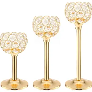 Gold Crystal Tealight Candle Holder Set of 3 Candles Table Centerpieces Tall Bling Bowl Candelabra Decor