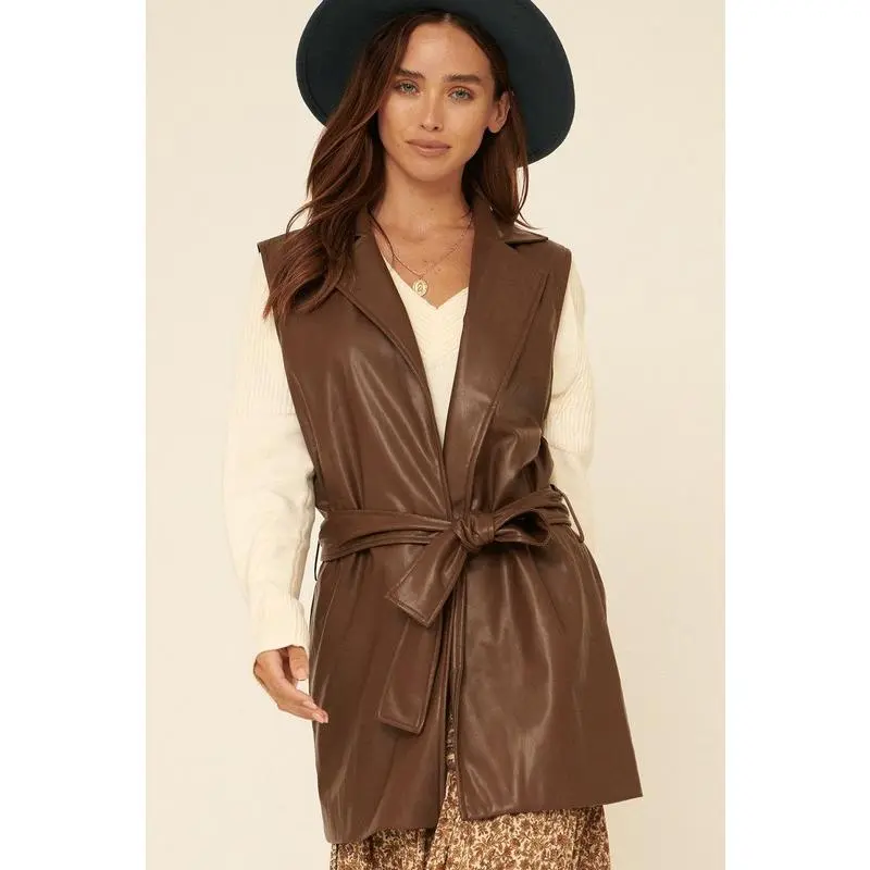 Chocolate Brown Faux Leather Vest with Belt