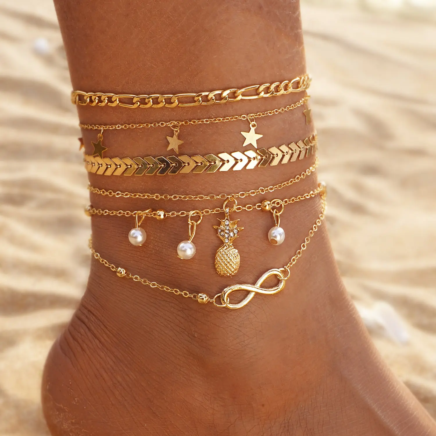 Beach-style metal pineapple pearl anklet set, vintage multi-layered pendant anklet