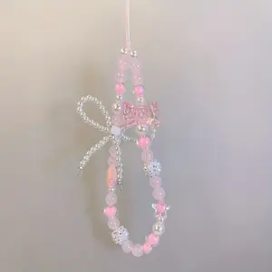 Sweet Girl Colored Crystal Bow Bead Phone Pendant Rope, Pink Star Bead Design, Mobile Phone, Headphones, CCD Camera Portable Anti Loss Rope