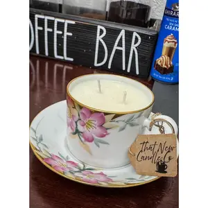 Soy Candle in Vintage Noritake Flat Cup, Morning Coffee Scent, 7.41oz