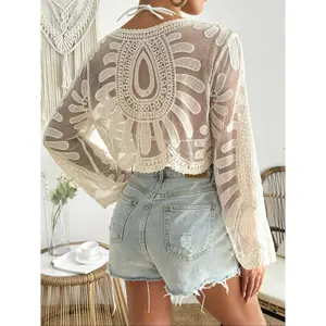 Sunflower Swimsuit Cover-Up, Lightweight Knit Embroidery Mesh Lace Long Sleeve Top, UV Protection, Casual Travel Wear, Beach Cover Up