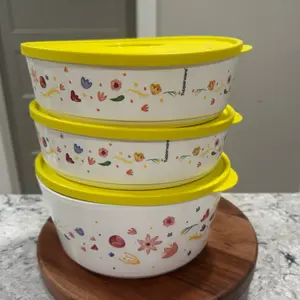 Tupperware Set of 3 Floral Design Containers with Yellow Lids for Food Storage and Organization